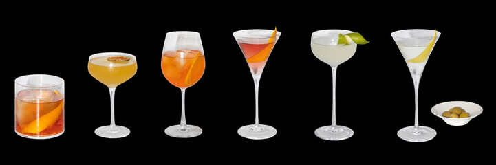 Cocktail Collection: A stylish array of cocktail glasses, each filled with a unique and tantalizing drink, beckoning the viewer into a world of sophisticated refreshment and culinary creativity.