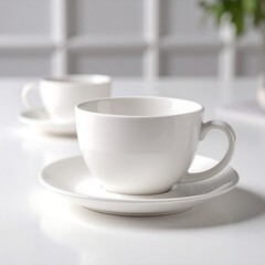 Two white ceramic teacups and saucers on a white surface