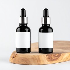 Naklejka premium Two dark glass bottles with silver droppers and blank white labels sit on a light wood slice against a white background