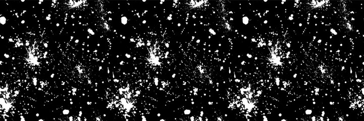 White paint splatter sprinkle seamless pattern. Ink drops and dots on black bg. Vector Halloween horror backdrop. Endless dribble drizzle texture. Halloween wrapping paper. Urban banner template
