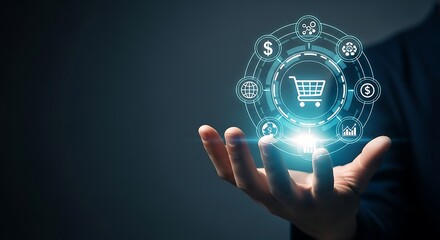 Businessman holding a glowing digital sphere with shopping cart and financial icons representing e commerce and online business growth