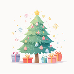 Beautiful Christmas tree with star topper and colorful gifts underneath, festive decoration for holiday celebration and new year greeting.