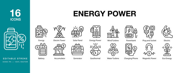 Energy Power icon set. Includes energy, power, electric, technology, environment and More. Editable Stroke Icon Collection.
