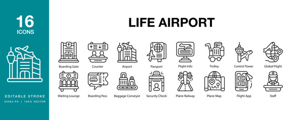 Life Airport icon set. Includes airport, travel, airplane, trip, departure and More. Editable Stroke Icon Collection.