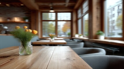 Cozy Cafe Interior with Blurred Motion and Rustic Wooden Table Setting with Yellow Flowers in Vase Cinematic HDR