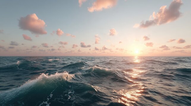 Ocean Sunset Horizon with Glowing Golden Reflections and Cine Style Lighting along Waves at Dusk