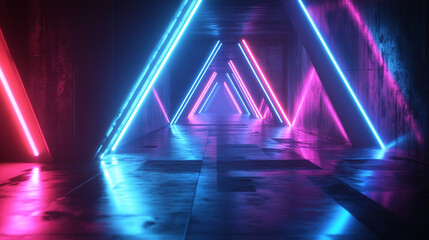 Futuristic Neon Tunnel with Pink and Blue Glowing Triangles