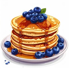 Stack of golden pancakes topped with blueberries and syrup