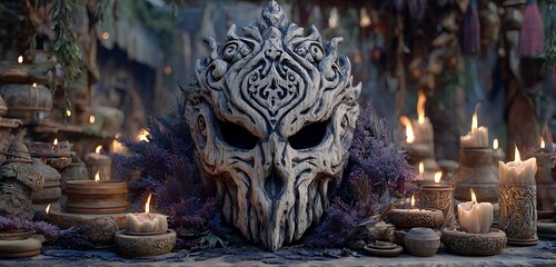 Obraz premium Cyberpunk Halloween mask altar with flaming glyphs and dark violet shadows