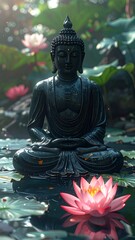 Buddha statue in serene lotus pond