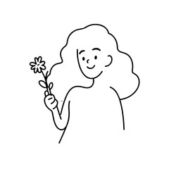 Black and white vector illustration of a beautiful woman holding a flower, minimal clean line art style