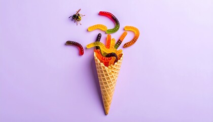 Colorful gummy worms in waffle cone, bee