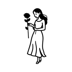 Black and white vector illustration of a beautiful woman holding a flower, minimal clean line art style