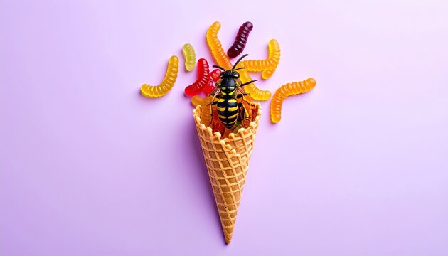 Colorful gummy worms & wasp in waffle cone - Powered by Adobe