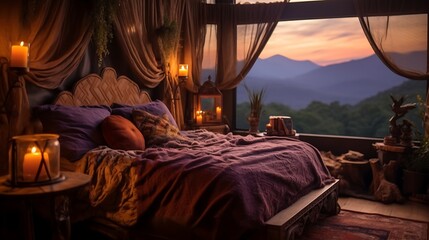 A vintage bohemian bedroom with a tapestry-covered bed and a handmade wooden lamp, warm amber lighting casting intricate shadows, distant mountains glowing softly at twilight. 
