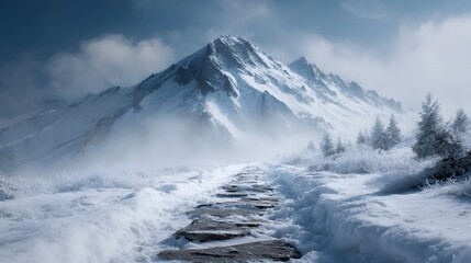 Fototapeta premium A majestic snow covered mountain path leads towards a towering peak under a crisp cloudy sky