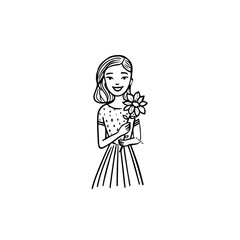 Black and white vector illustration of a beautiful woman holding a flower, minimal clean line art style