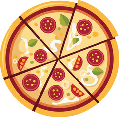 Top-down view of a sliced pepperoni pizza with basil, tomato, and onion toppings, presented on a circular crust.