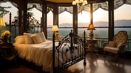 ]A vintage-inspired room with a wrought iron bed and a soft-glowing lamp, yellowish light highlighting the ornate decor, foggy mountain landscape barely visible through the window. 