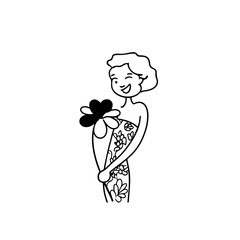 Black and white vector illustration of a beautiful woman holding a flower, minimal clean line art style