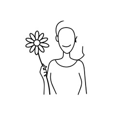Black and white vector illustration of a beautiful woman holding a flower, minimal clean line art style