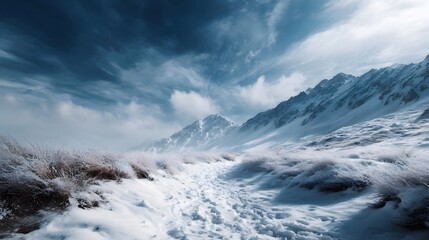 A scenic snowy mountain path winds through frosty grass under a dramatic blue sky