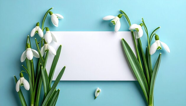 White snowdrops frame blank card, light blue