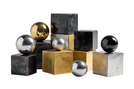Collection of polished metallic eggs and geometric cubes arranged in a balanced composition isolated on transparent background