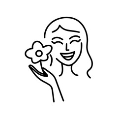 Black and white vector illustration of a beautiful woman holding a flower, minimal clean line art style