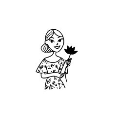 Black and white vector illustration of a beautiful woman holding a flower, minimal clean line art style