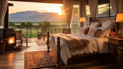 A warm country-style room with a quilted bed and a brass table lamp, golden light spilling onto rustic wood floors, distant mountain ranges visible under the setting sun. 