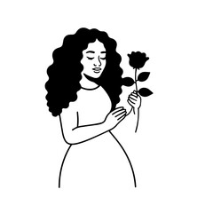 Black and white vector illustration of a beautiful woman holding a flower, minimal clean line art style