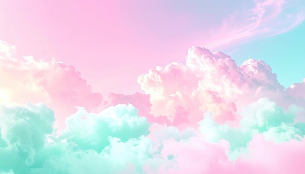 Pastel cloudscape. Soft, pastel colors of pink, mint green, and light yellow on cumulus clouds