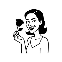 Black and white vector illustration of a beautiful woman holding a flower, minimal clean line art style
