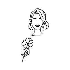 Black and white vector illustration of a beautiful woman holding a flower, minimal clean line art style