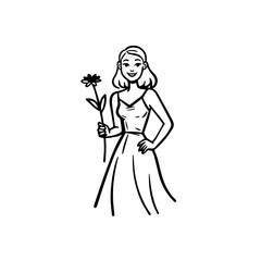Black and white vector illustration of a beautiful woman holding a flower, minimal clean line art style