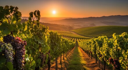 Naklejka premium Stunning vineyard at sunset with ripe grapes ready for harvest in golden light, perfect for wine tourism ads and promoting delicious local wines