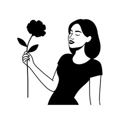 Black and white vector illustration of a beautiful woman holding a flower, minimal clean line art style