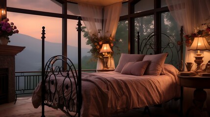 Cottage bedroom with a wrought iron bed and a floral lamp, soft pink light spilling onto the floor, misty mountains in the background, cozy atmosphere. 