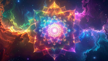 Fototapeta premium A vibrant, luminous mandala-like fractal bloom radiates colorful cosmic energy against a backdrop of swirling nebulae and stardust.