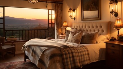 Country-style bedroom with a quilted bed and a brass lamp, warm amber light casting long shadows, rolling hills and mountains in the distance, rustic charm. 