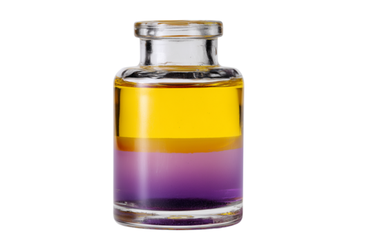 Clear glass bottle containing two distinct liquid layers yellow on top and purple below isolated on transparent background