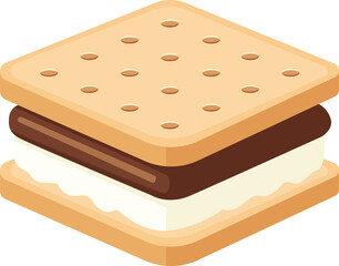 A stylized illustration of a s'more featuring graham crackers, a chocolate bar, and marshmallow filling.