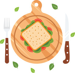 Top-down illustration of a sandwich with tomato and lettuce on a wooden cutting board with a fork, knife, and scattered leaves.