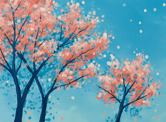 Fototapeta premium Impressionistic pink blossom tree painting on a serene blue background artwork