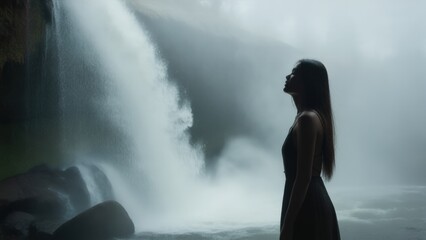 Obraz premium Silhouette of a woman by a waterfall in a misty atmosphere.