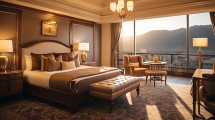 Luxury suite with a king-sized bed and a crystal chandelier lamp, opulent golden light highlighting the mountain view, elegant furnishings, high-end design. 