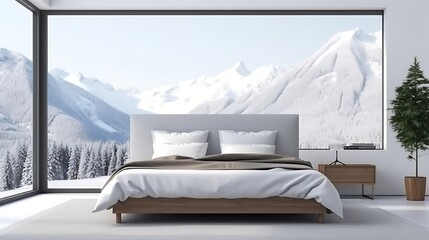 Minimalist room with a low-profile bed and a white lamp, soft gray light enveloping the space, snow-capped mountains visible through the window, clean design. 