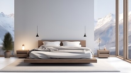 Minimalist room with a low-profile bed and a white lamp, soft gray light enveloping the space, snow-capped mountains visible through the window, clean design. 