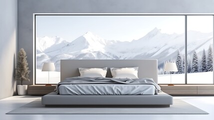 Minimalist room with a low-profile bed and a white lamp, soft gray light enveloping the space, snow-capped mountains visible through the window, clean design. 